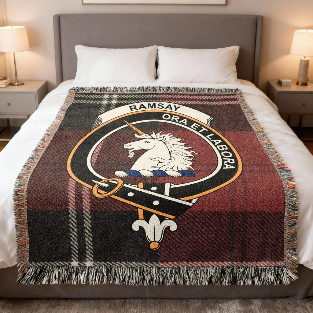 Clan Ramsay tartan woven blanket — 100% cotton with unicorn crest and red plaid
