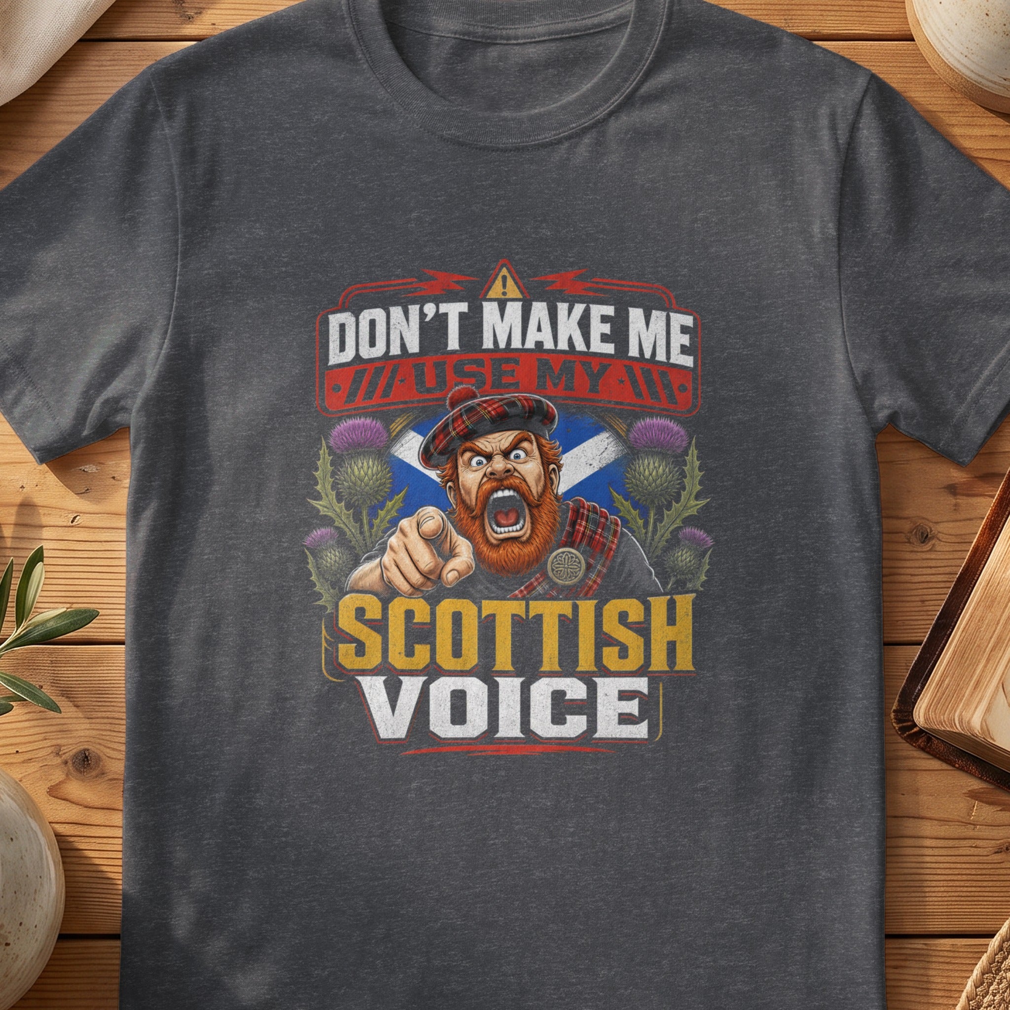 Dark grey Gildan 64000 unisex T-shirt flatlay with Don't Make Me Use My Scottish Voice Scottish graphic design
