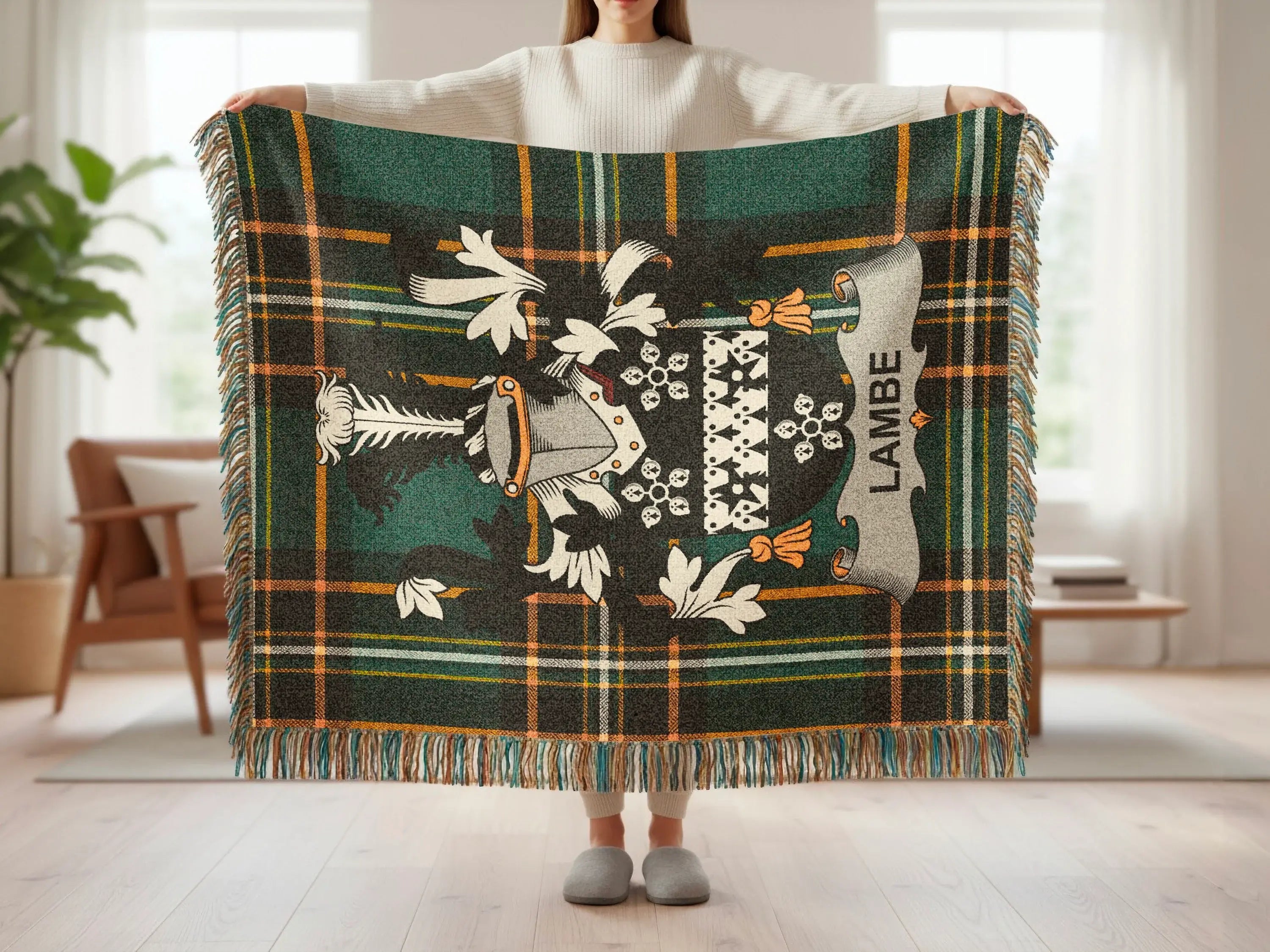 Tartan blanket with Lambe crest displayed by a person.
