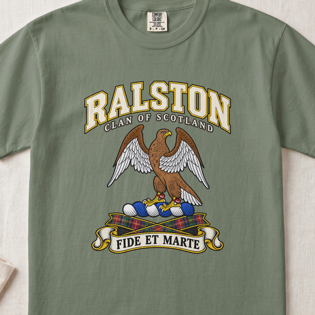 Ralston Scottish clan T-shirt in Moss, front view with a brown eagle with spread wings and motto design.