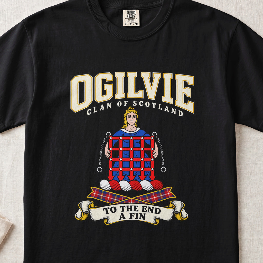 Ogilvie Scottish clan graphic T-shirt in Black, front view