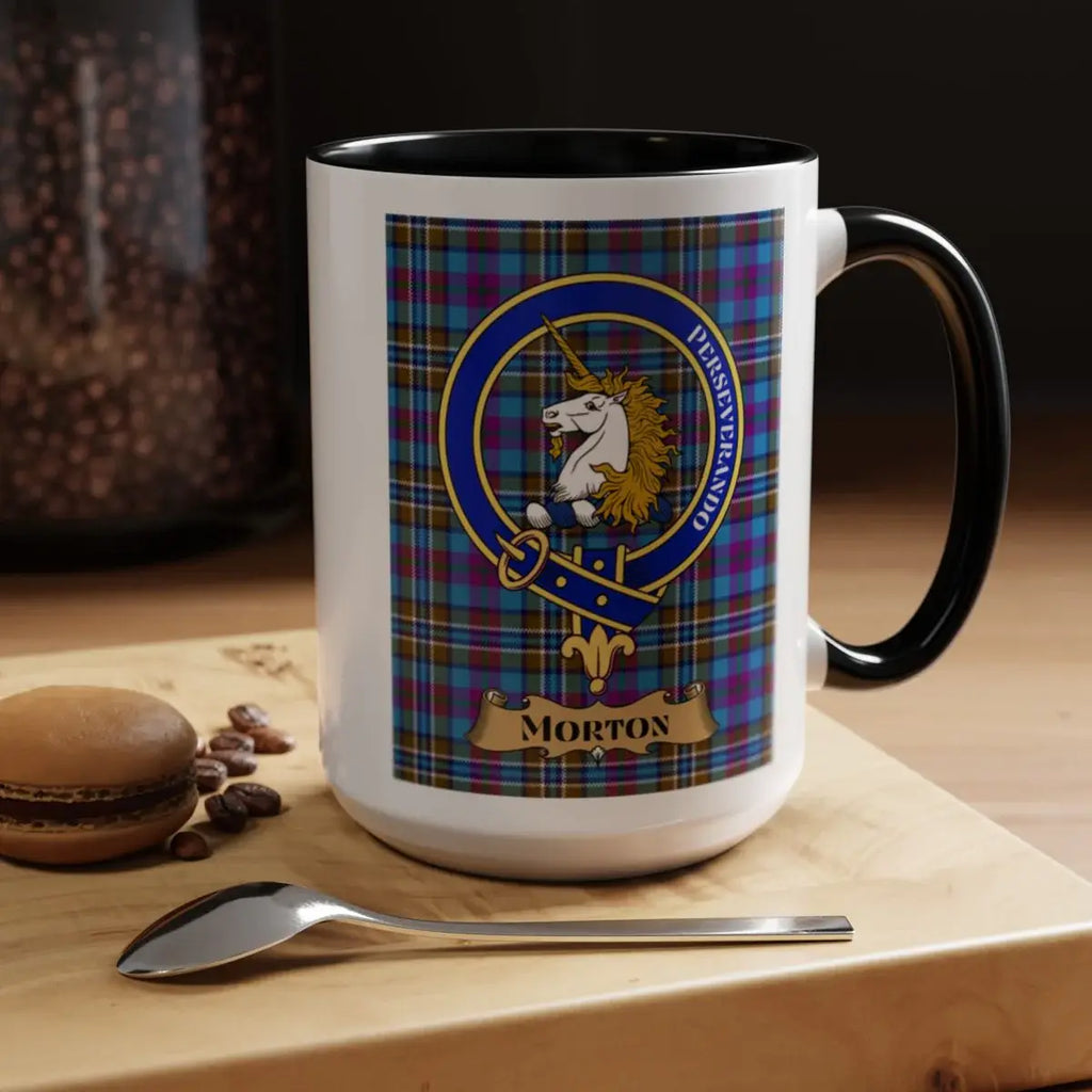 Close-up of the Morton clan crest printed on a ceramic mug