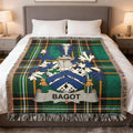 Bagot Irish family crest woven blanket with Irish tartan design and fringed edges