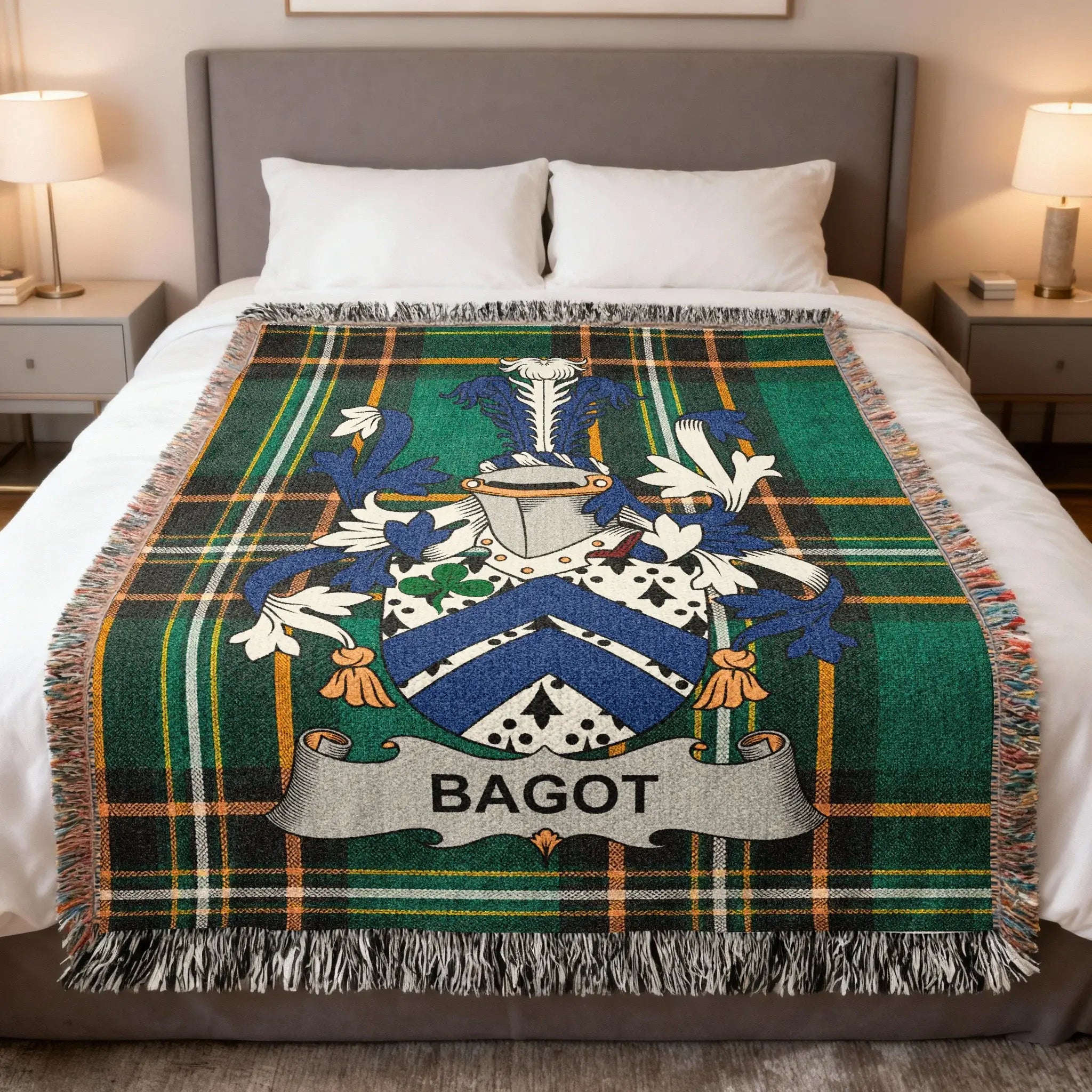 Bagot Irish family crest woven blanket with Irish tartan design and fringed edges