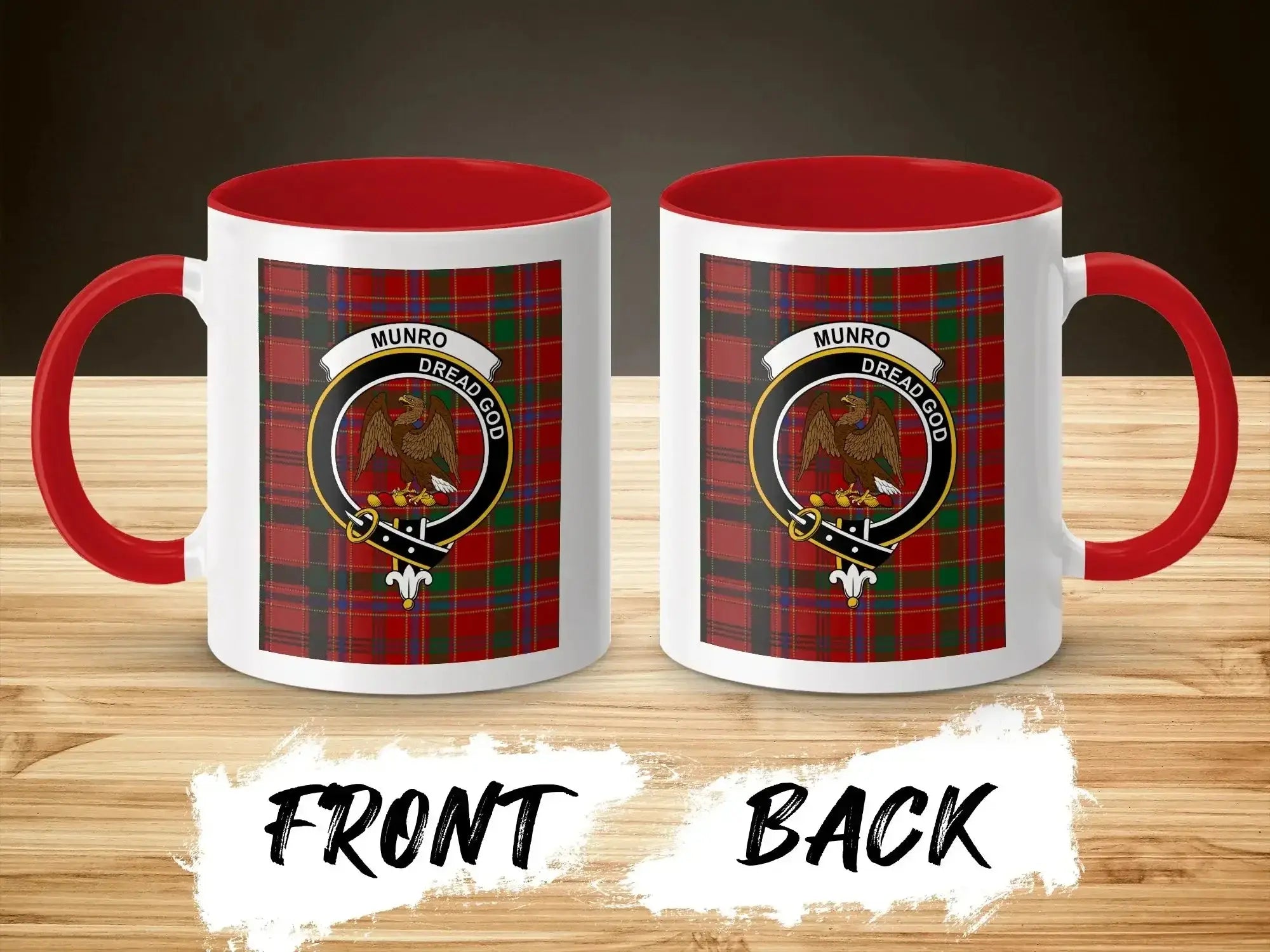 Munro Dread God eagle crest mug shown front and back — glossy ceramic with clan tartan