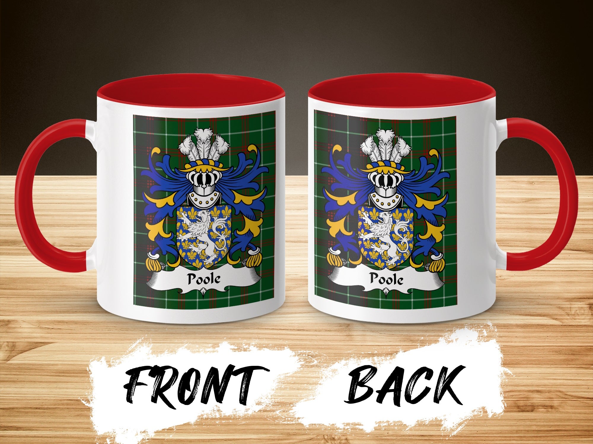 Two mugs with the Poole family crest and red handles, showing front and back.