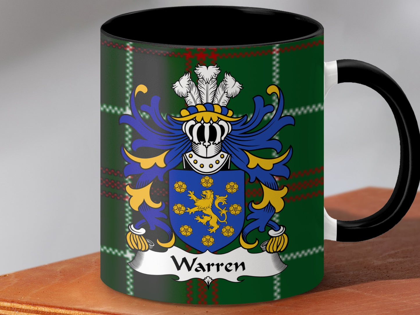 Warren Surname Coat of Arms Welsh Tartan Background Mug - Living Stone Gifts