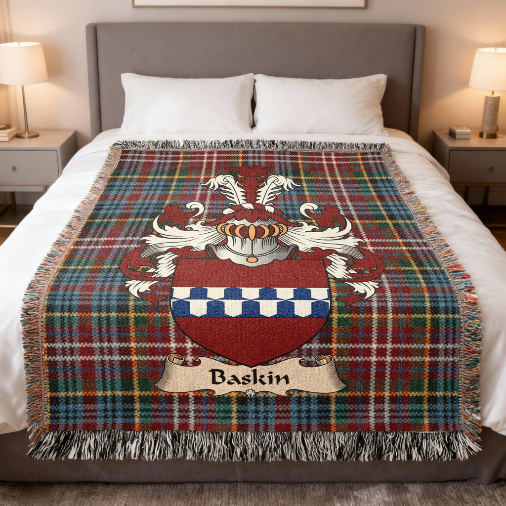 Baskin family crest emblem on a Caledonia tartan woven blanket
