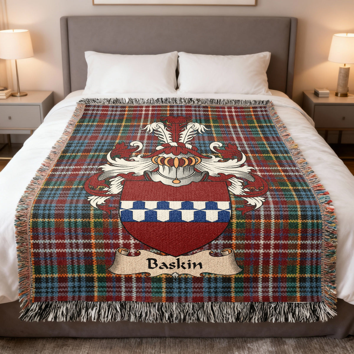 Baskin family crest emblem on a Caledonia tartan woven blanket