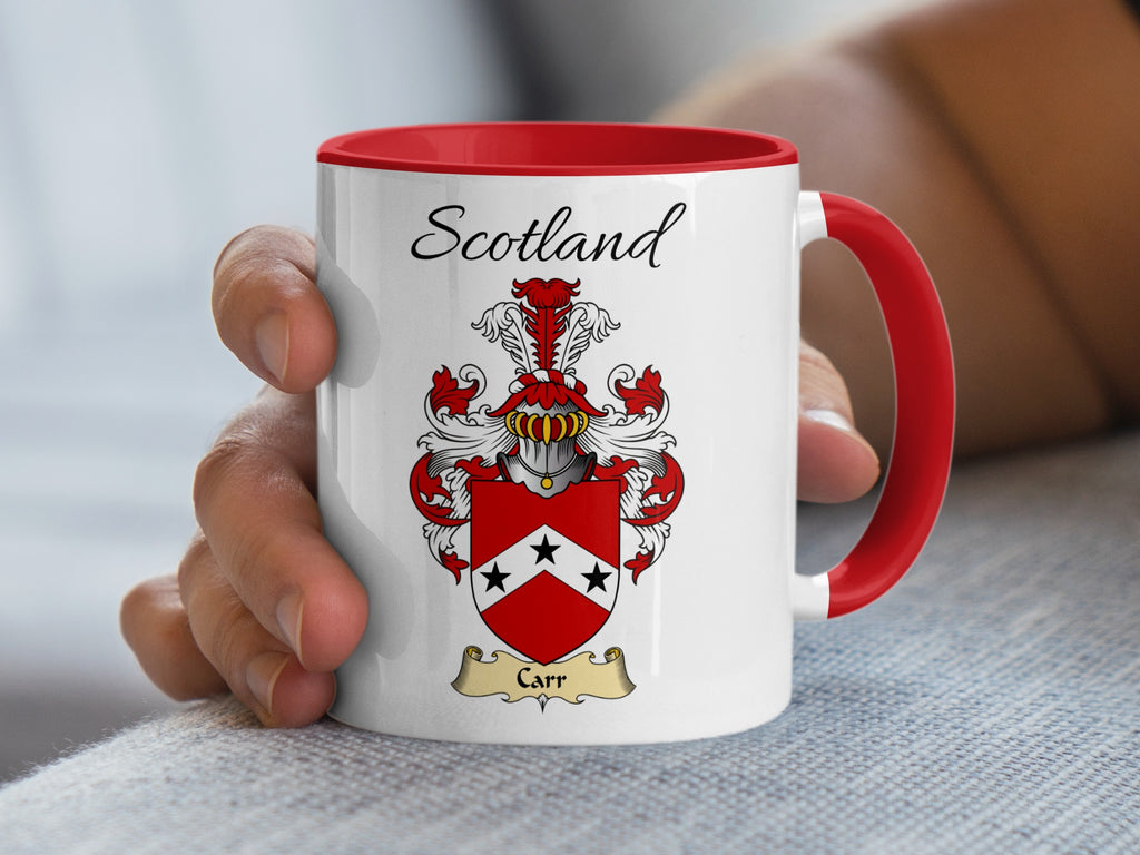 Red-accent Carr Scottish surname mug with matching handle and interior and coat of arms artwork beneath “Scotland”.