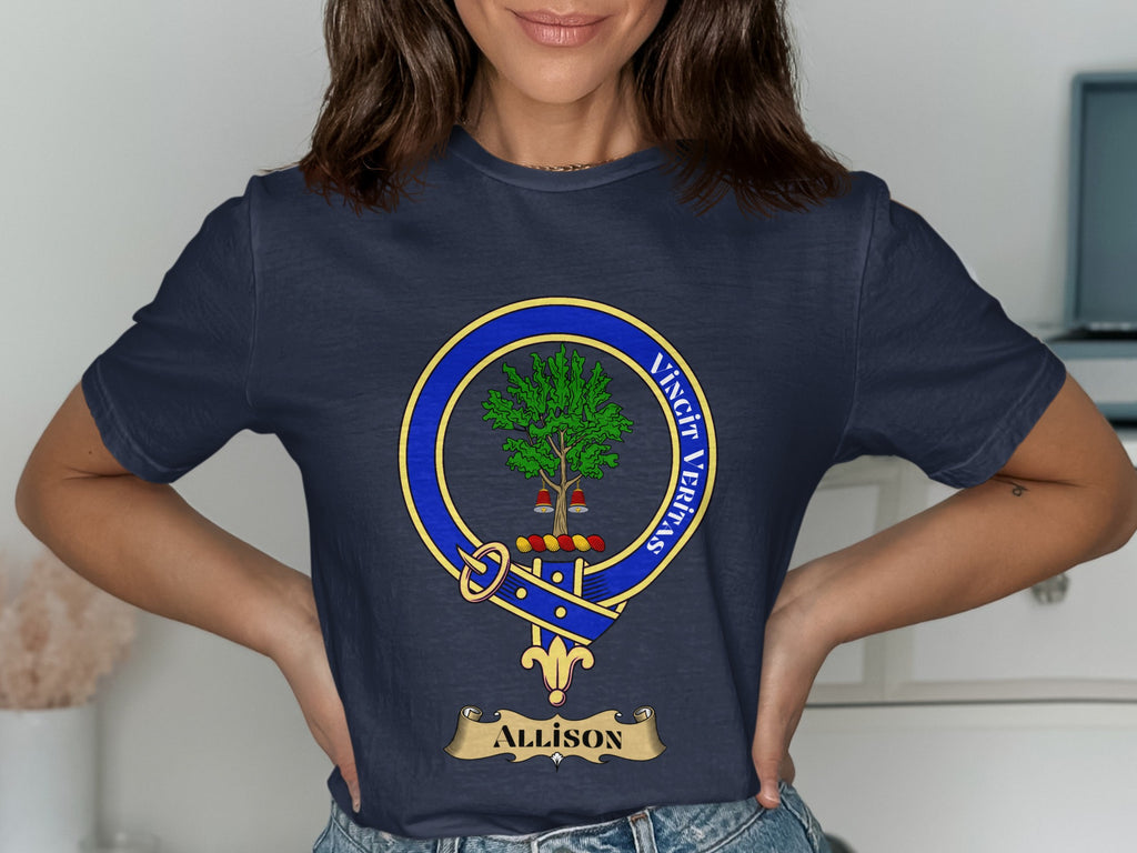 Allison Scottish clan crest design on Navy T-shirt