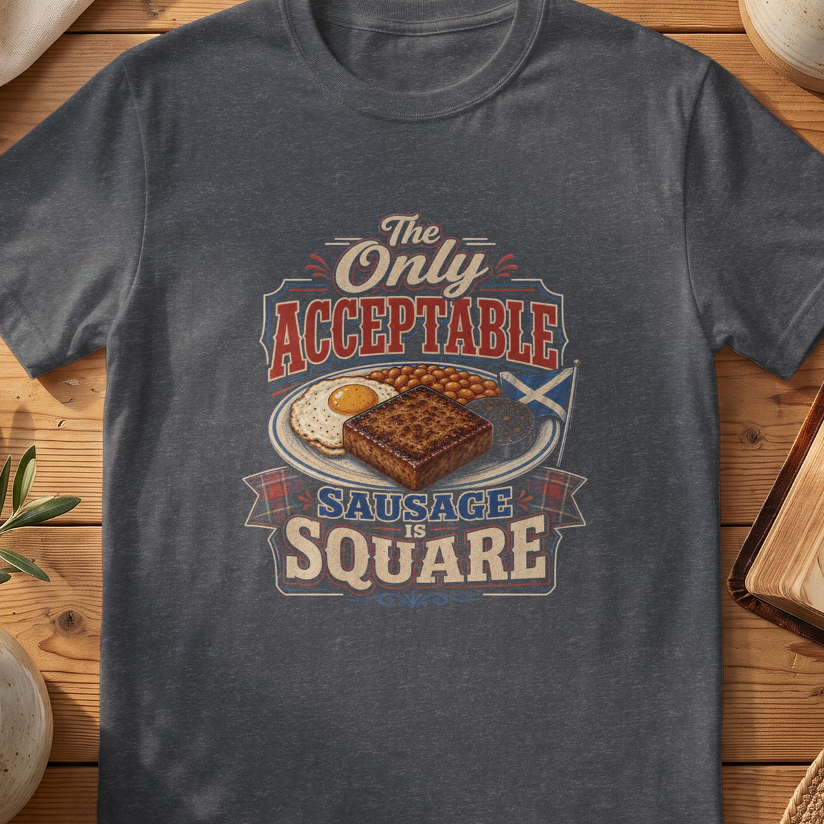 Dark grey Gildan 64000 unisex T-shirt flatlay with The Only Acceptable Sausage Is Square Scottish graphic design
