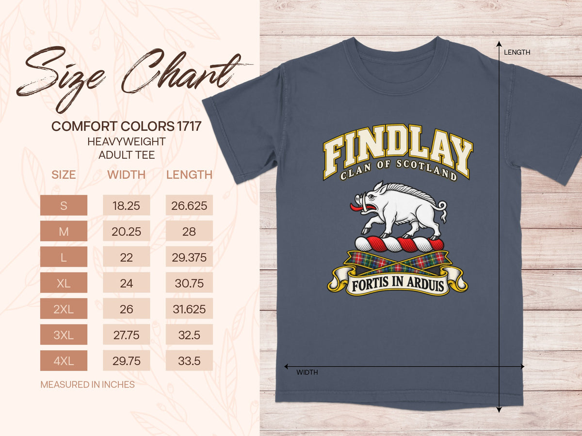 Comfort Colors 1717 size chart for the Findlay Scottish clan T-shirt, adult sizes S–4XL.