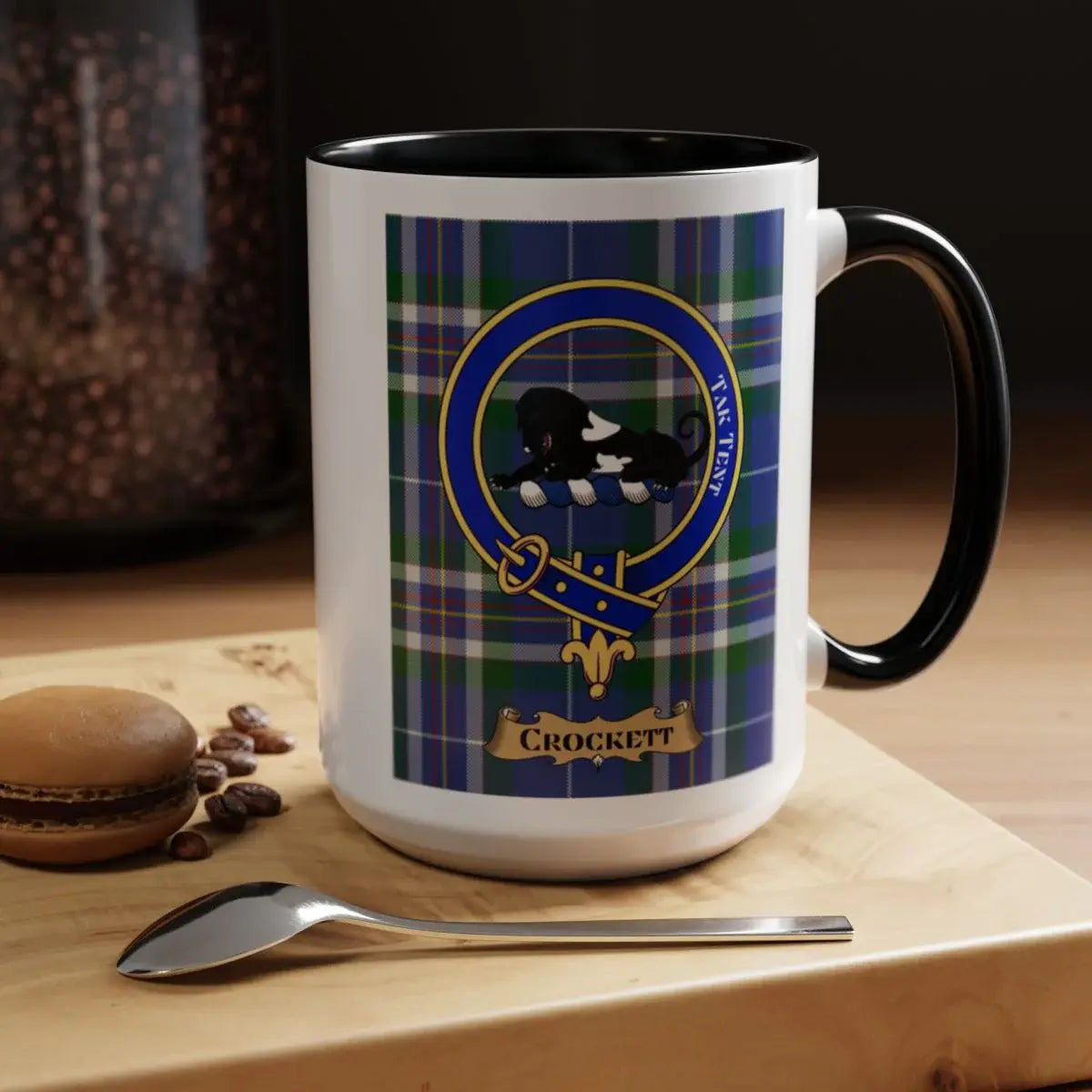 Close-up of the Crockett clan crest printed on a ceramic mug