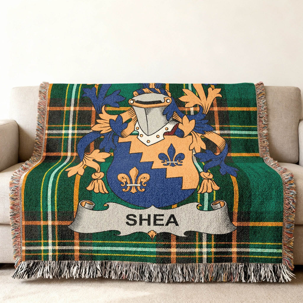 Green plaid throw blanket featuring the Shea family crest.