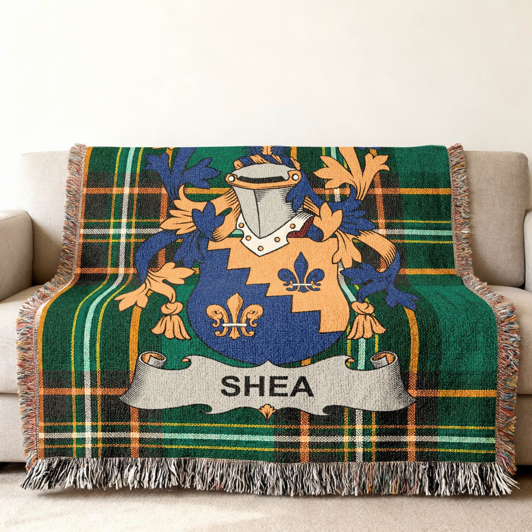 Green plaid throw blanket featuring the Shea family crest.