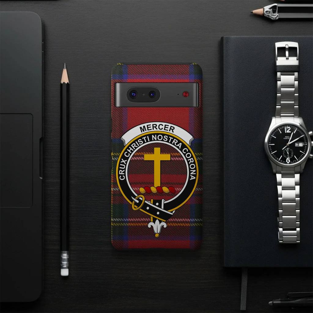 Clan Mercer tartan case on iPhone — Crux Christi Nostra Corona crest wrap, precise port cutouts
