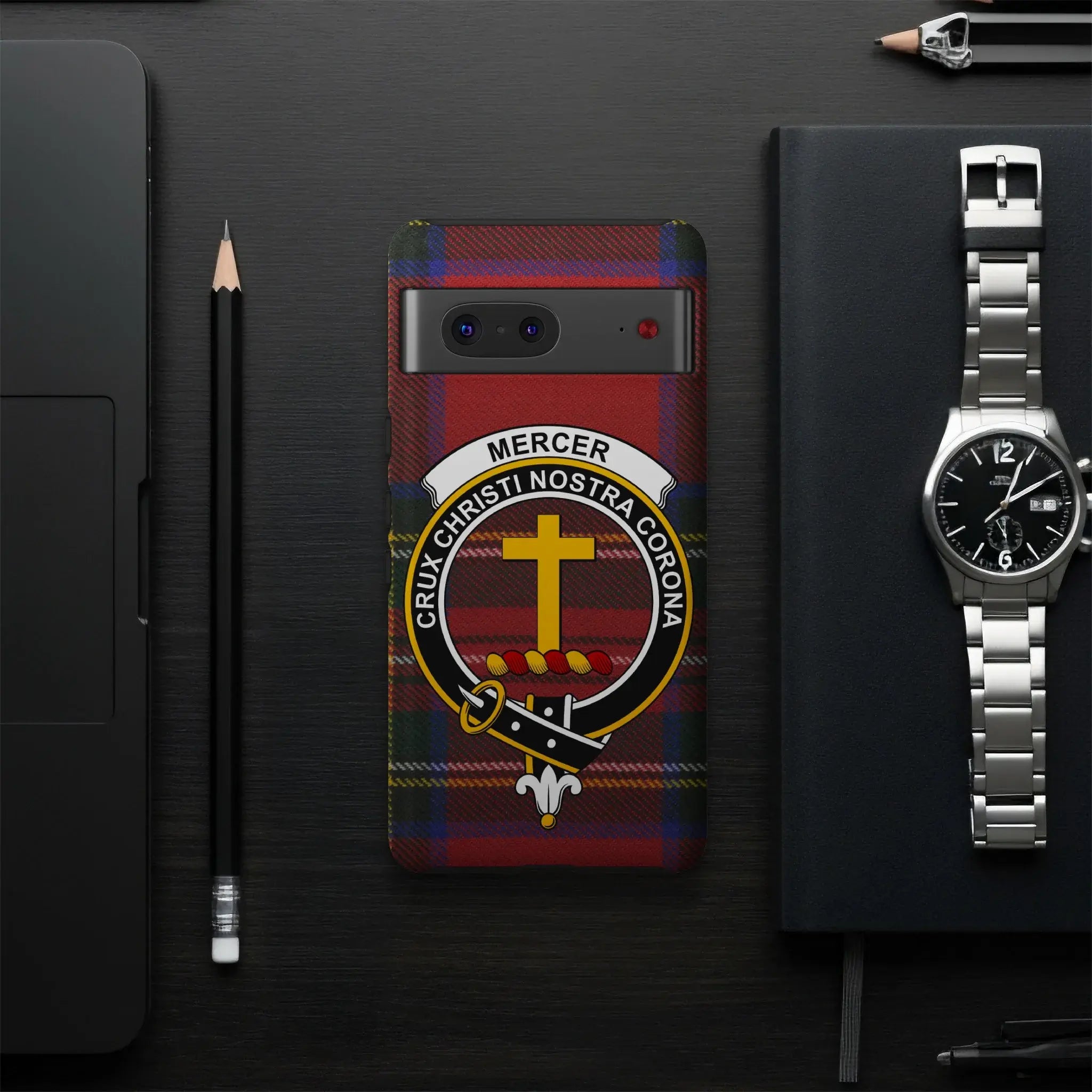 Clan Mercer tartan case on iPhone — Crux Christi Nostra Corona crest wrap, precise port cutouts