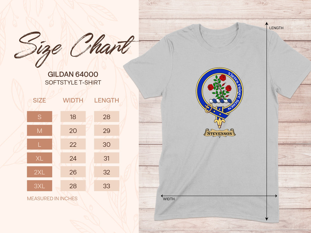 Gildan 64000 size chart for Stevenson Scottish clan crest T-shirt