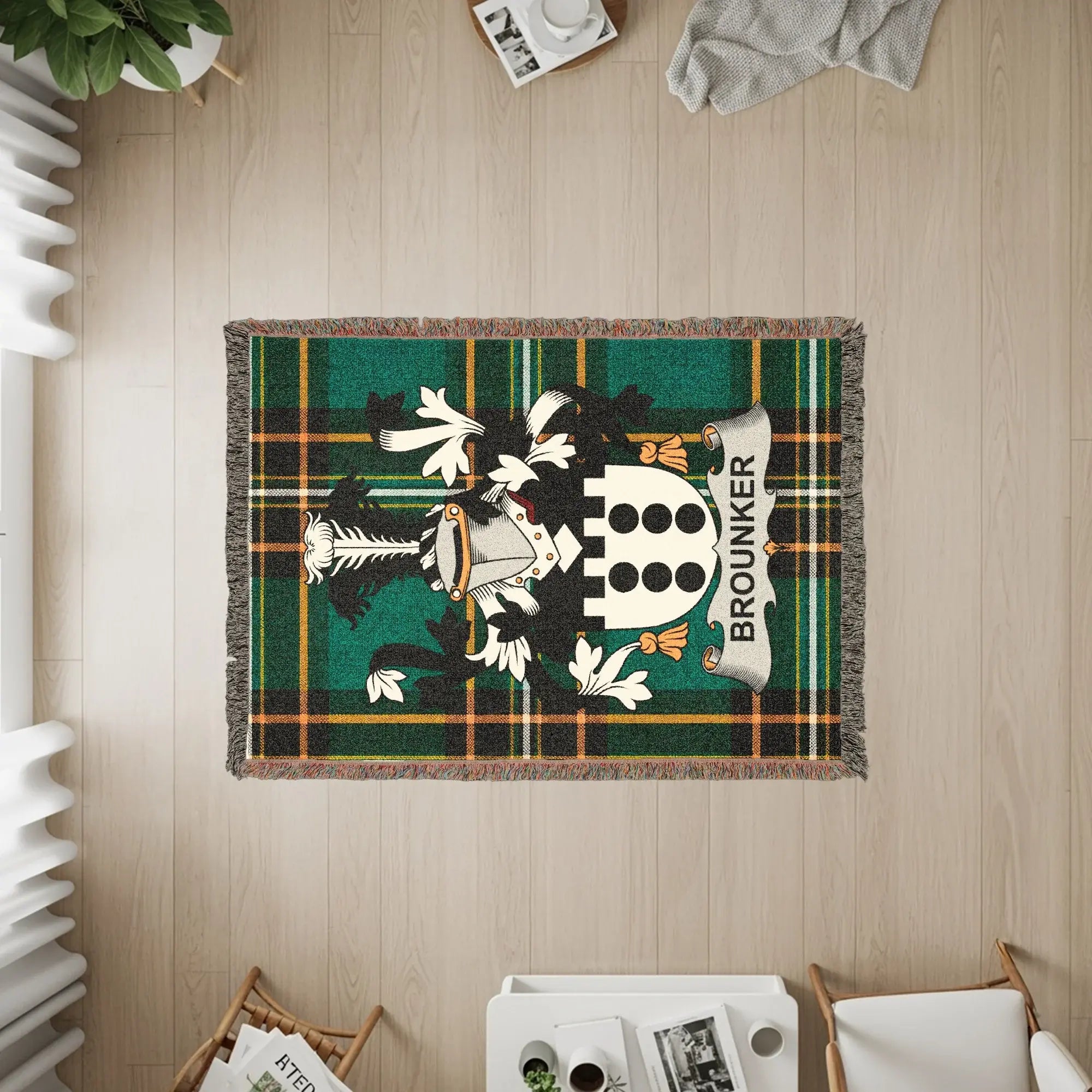Brounker Surname Coat of Arms Green Tartan Plaid Woven product type