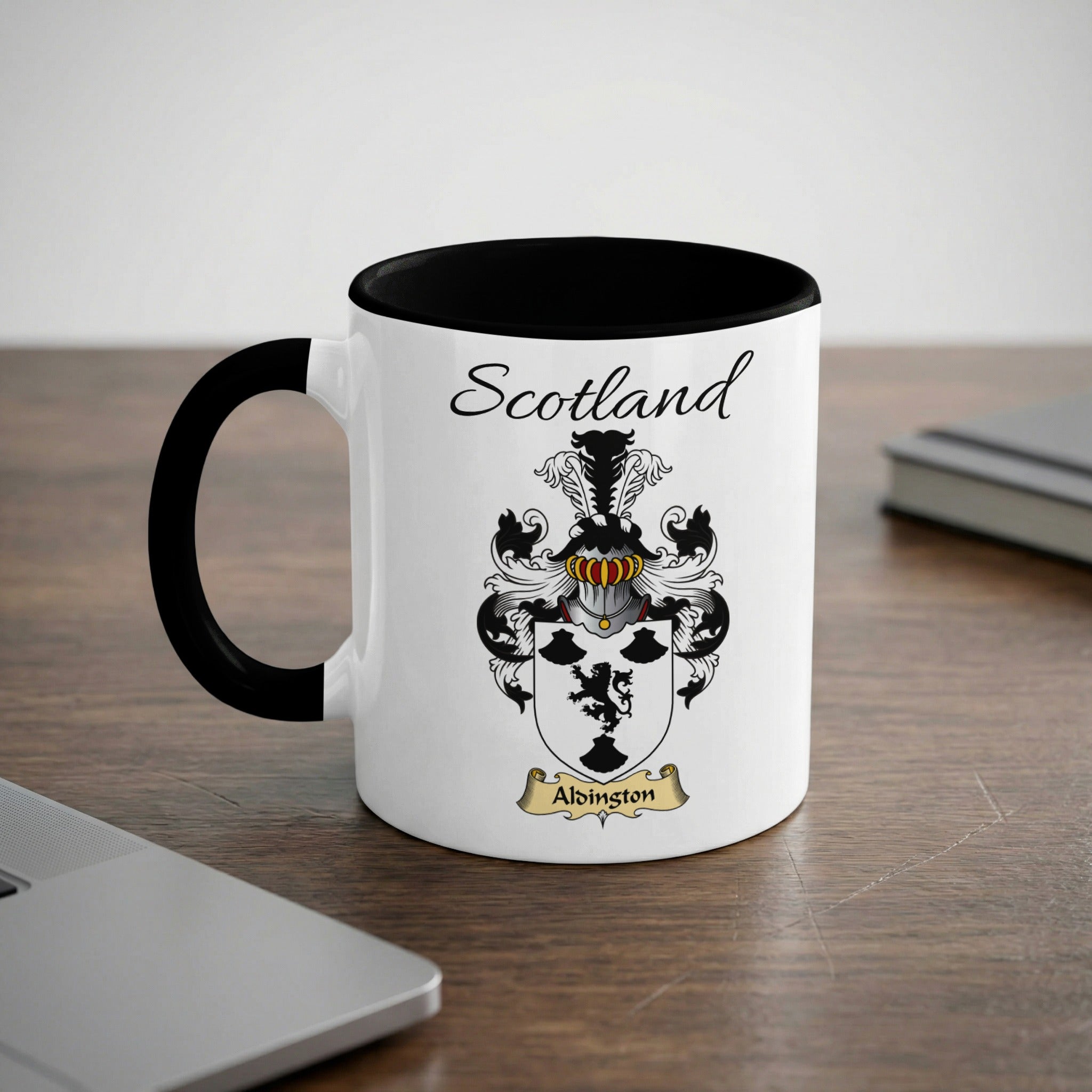 Alsington Scottish family crest accent mug with Scotland lettering and coat of arms artwork