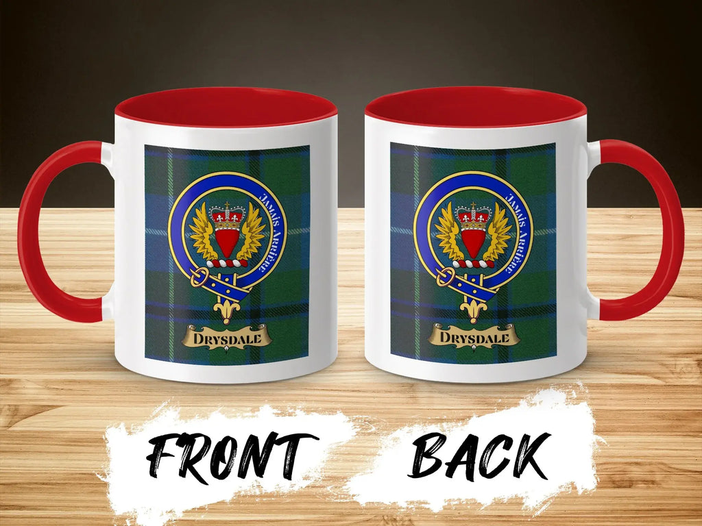Drysdale tartan-background crest mug shown as a Scottish heritage gift