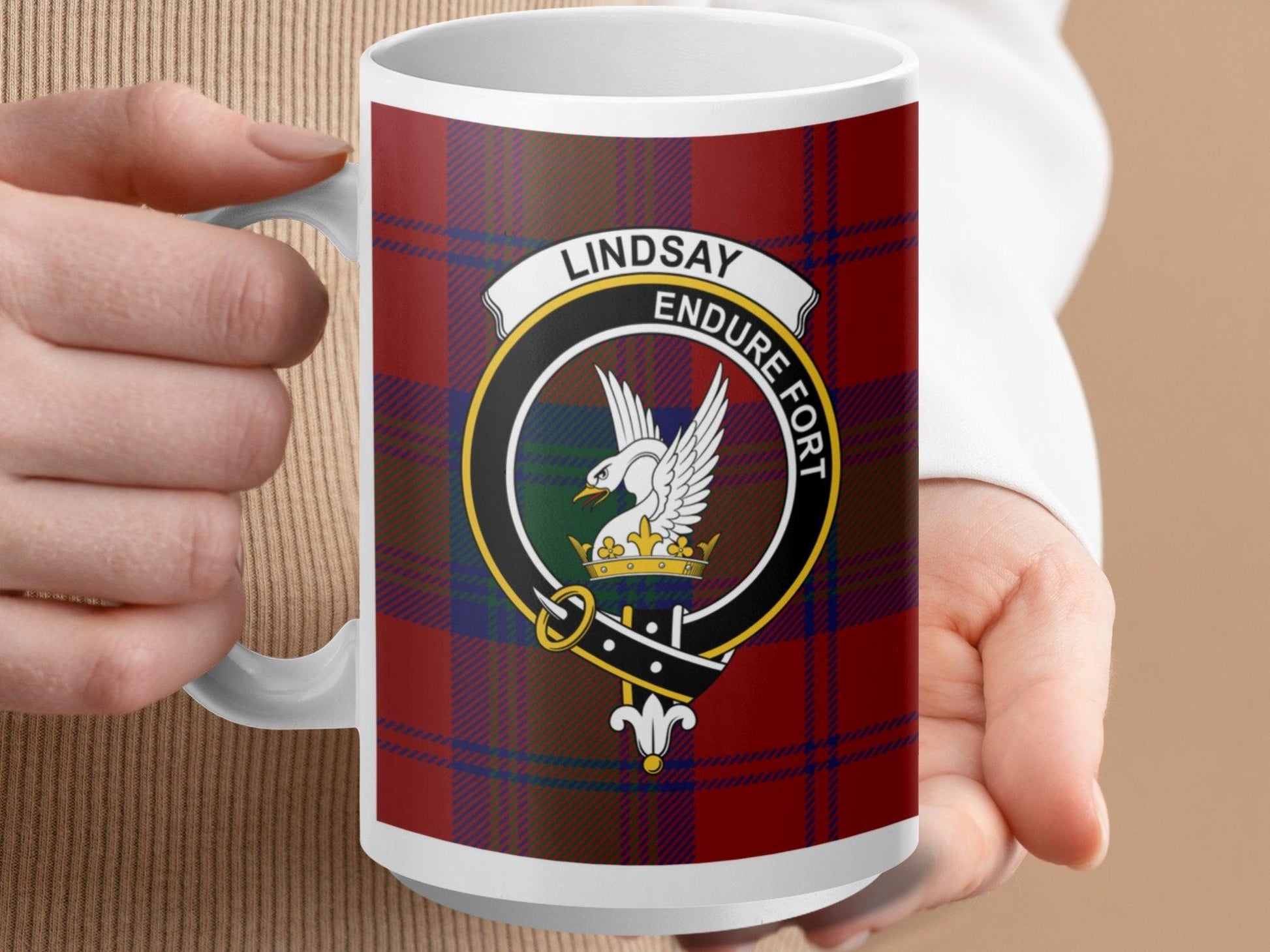 Lindsay Scottish Clan Red Tartan Crest Plaid Mug - Living Stone Gifts