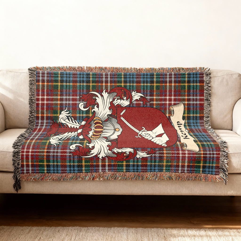 Kemp Scottish woven blanket with family shield and Caledonia tartan background