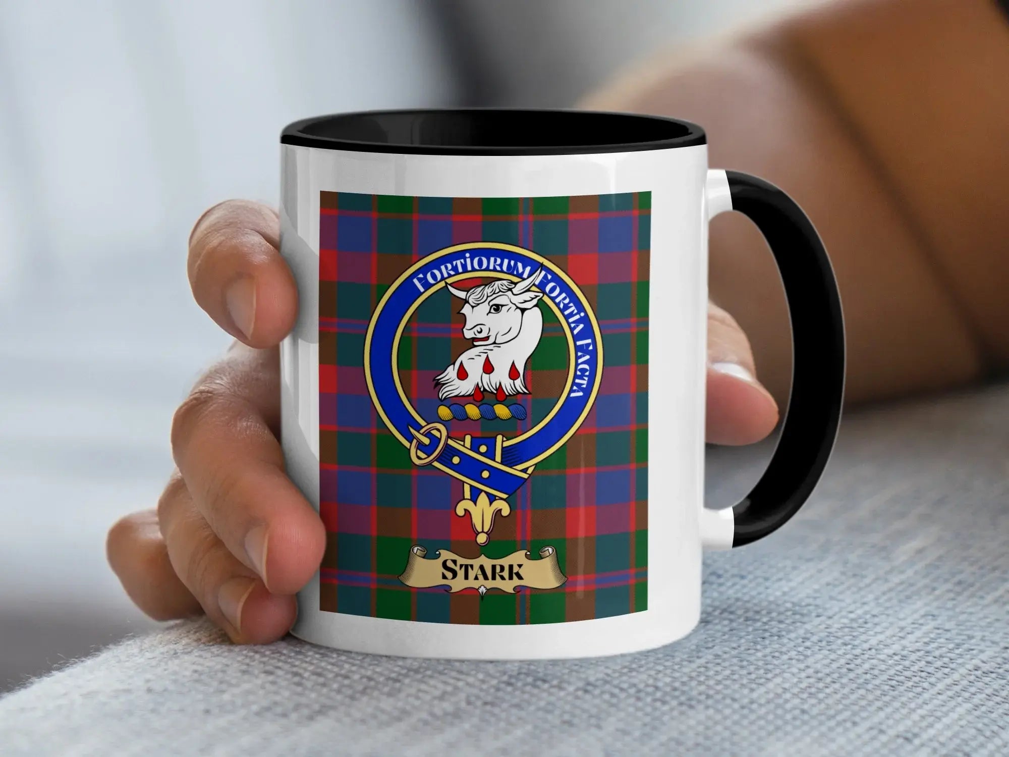 Stark tartan mug with a coloured accent handle and interior
