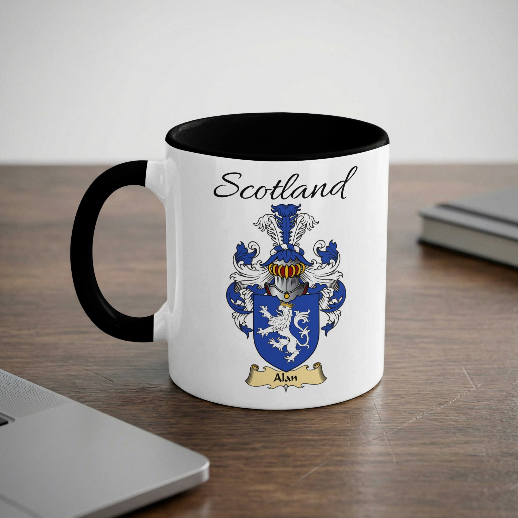 Alan Scottish family crest accent mug with Scotland lettering and coat of arms artwork