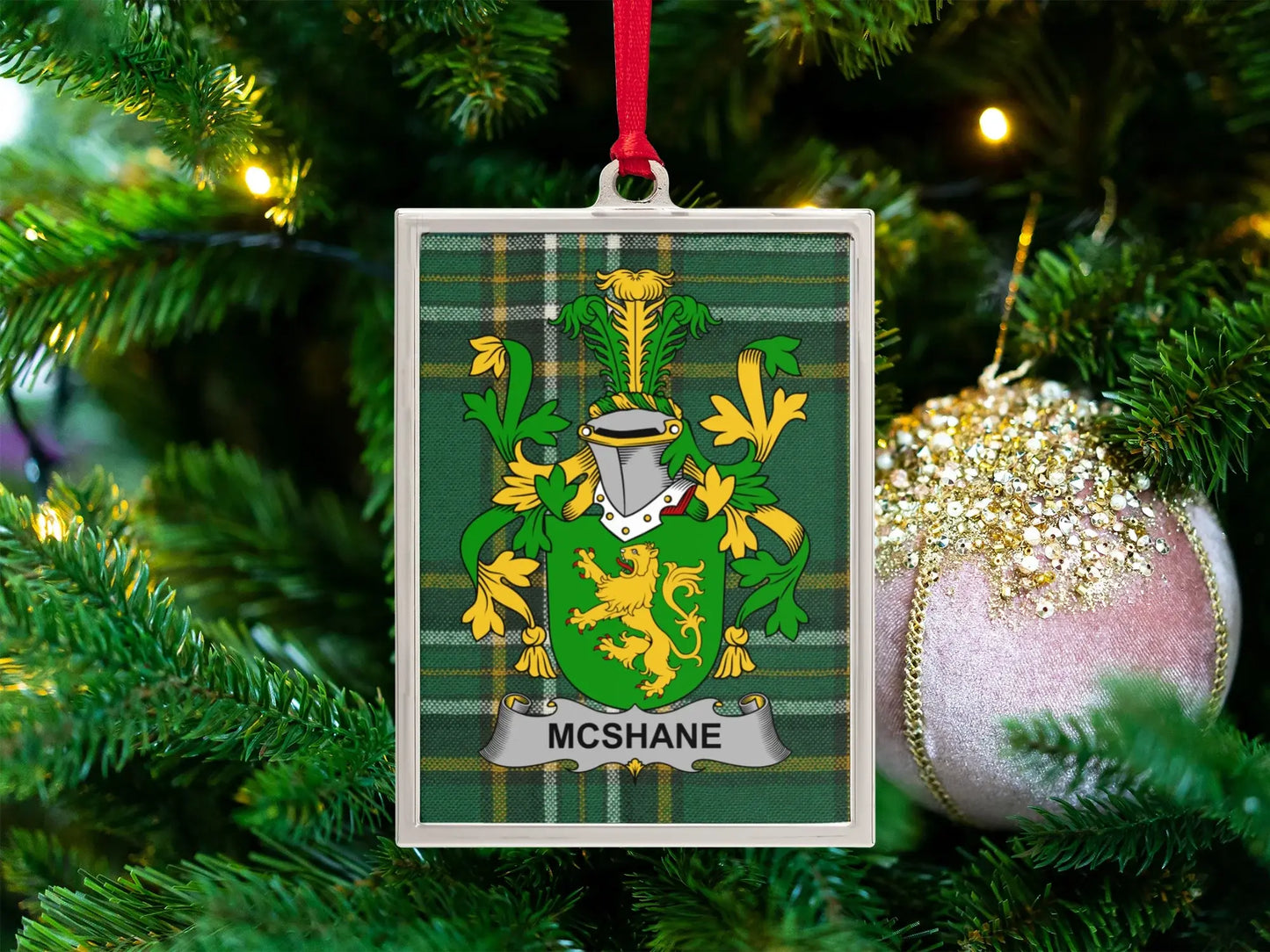 Personalized Family Crest Green Plaid Christmas Ornament product type