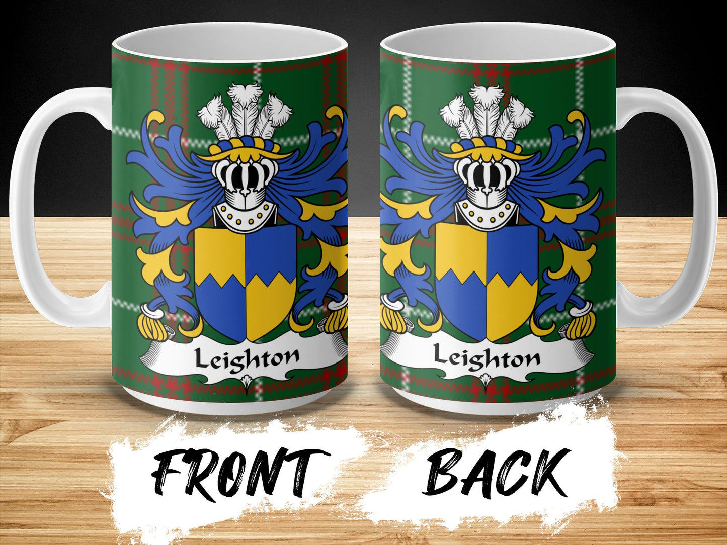 Leighton Coat of Arms on Welsh Tartan Background Mug - Living Stone Gifts