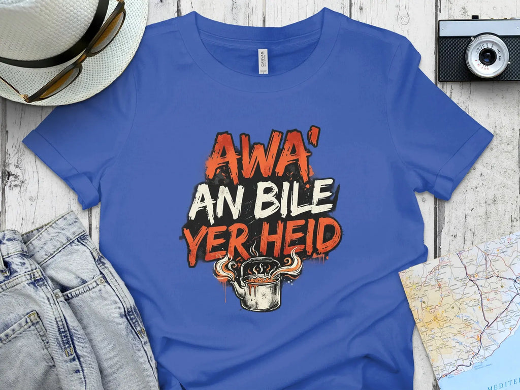 Blue t-shirt with "Awa' an bile yer heid" text and steaming cup graphic.