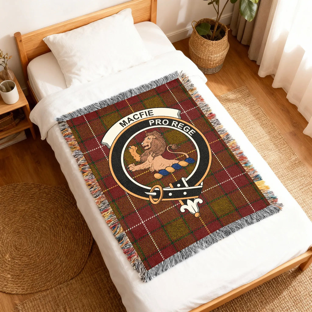 MacFie Pro Rege tartan woven blanket with lion crest — 80x60 inch large heirloom size