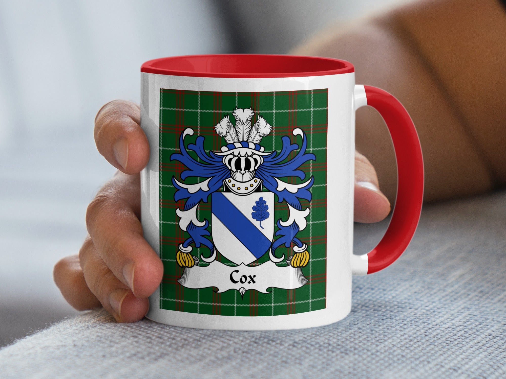 Cox Welsh family crest mug on Welsh National Tartan