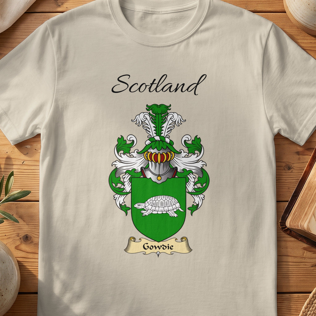 Sand Gowdie Scottish family shield T-shirt featuring a pale tortoise on a green shield