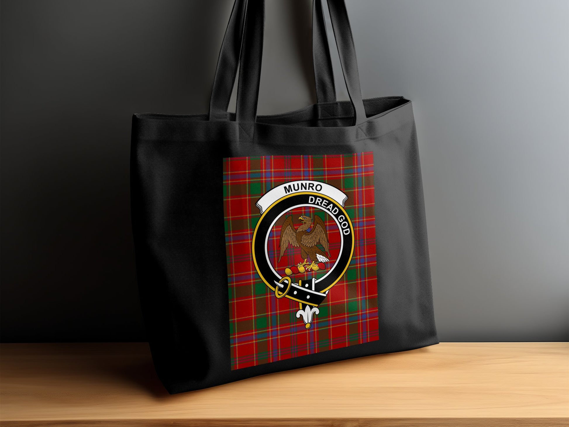 Munro Dread God Scottish Clan Crest Tartan Tote Bag - Living Stone Gifts