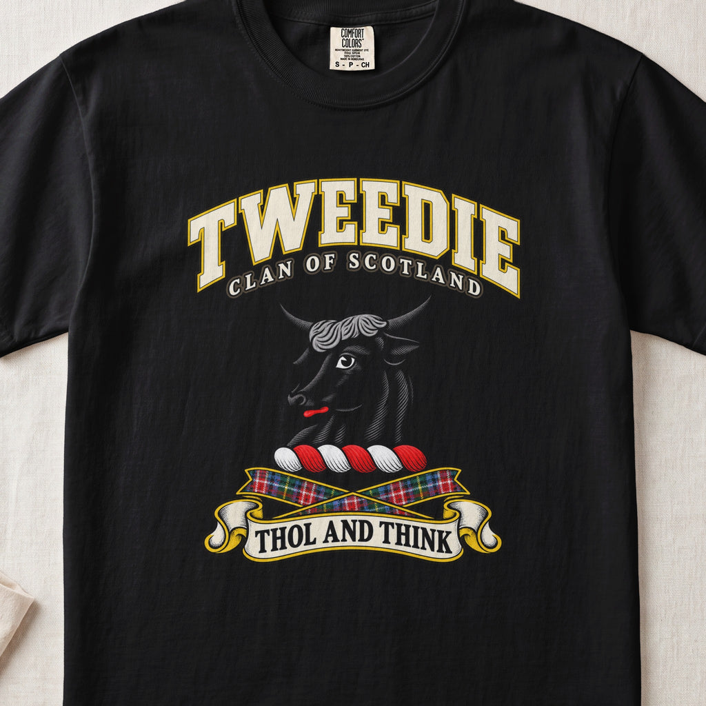 Tweedie Scottish clan T-shirt in Black, front view with a black bull head and motto design.