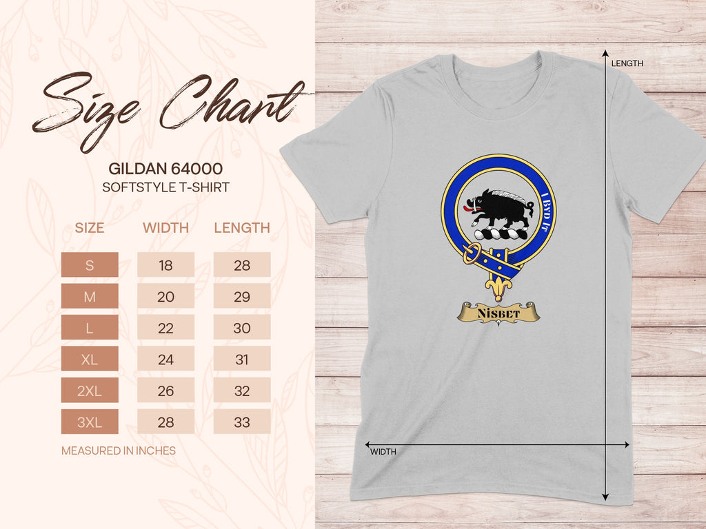 Gildan 64000 size chart for Nisbet Scottish clan crest T-shirt