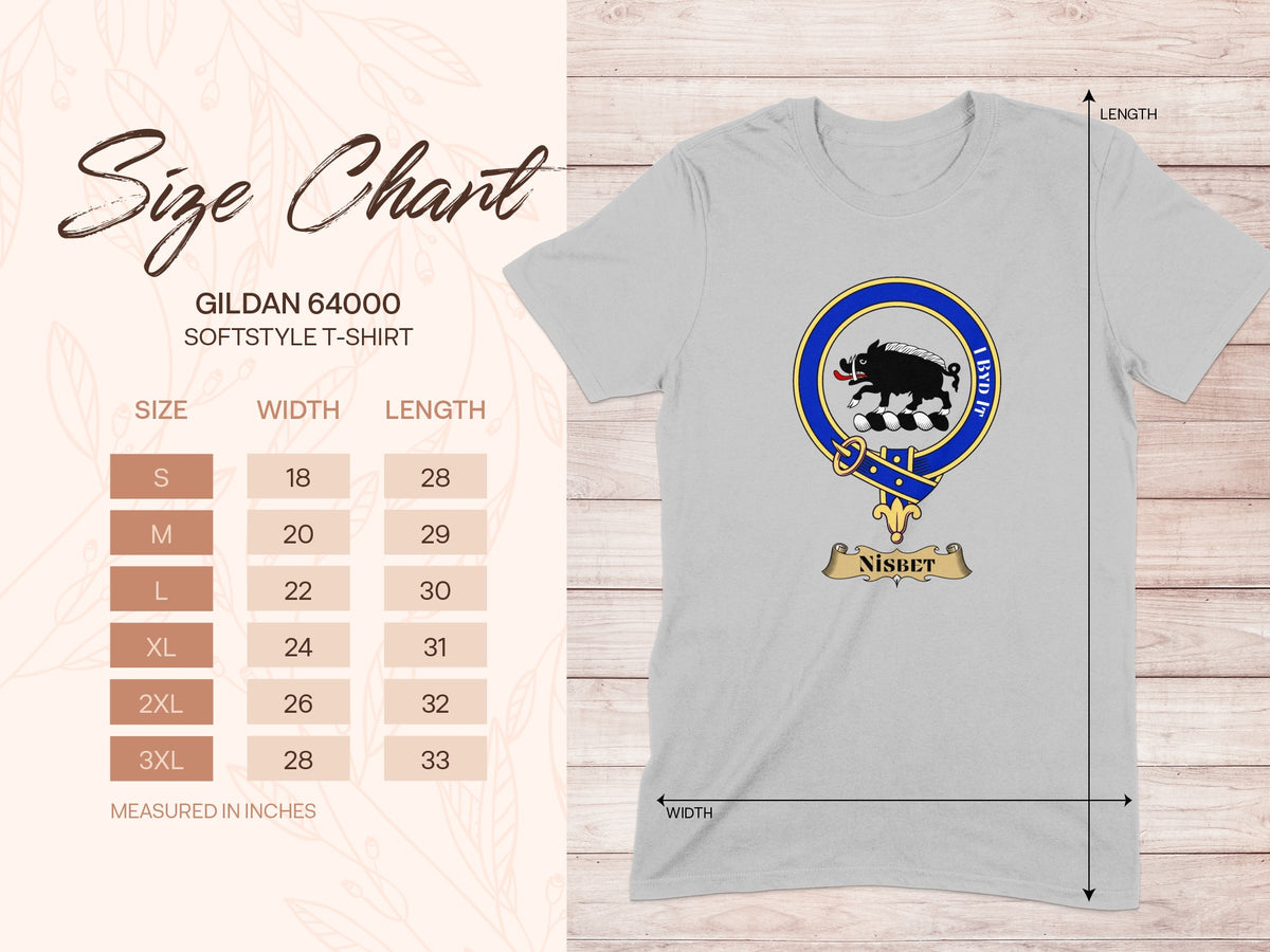 Gildan 64000 size chart for Nisbet Scottish clan crest T-shirt