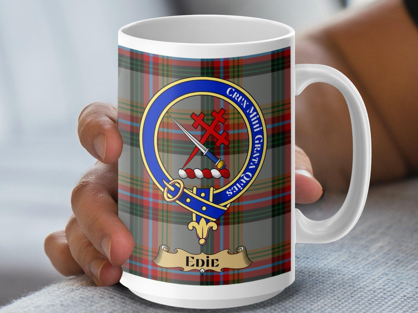 Scottish Clan Edie Family Crest with Tartan Design Mug - Living Stone Gifts