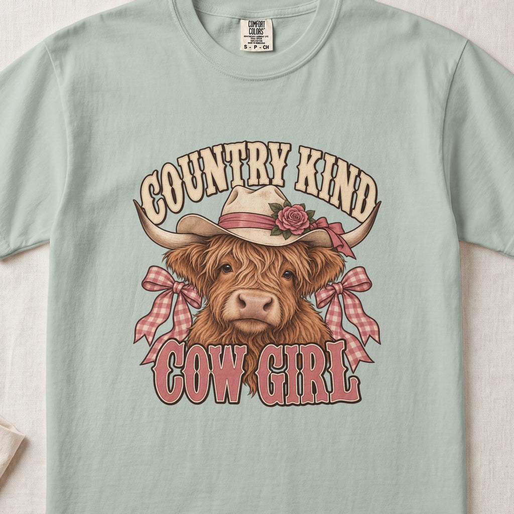 Country Kind Cow Girl Highland cow design on a Bay Comfort Colors 1717 T-shirt, flat lay