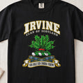 Irvine Scottish clan T-shirt in Black, front view with green holly leaves with red berries and motto banner.