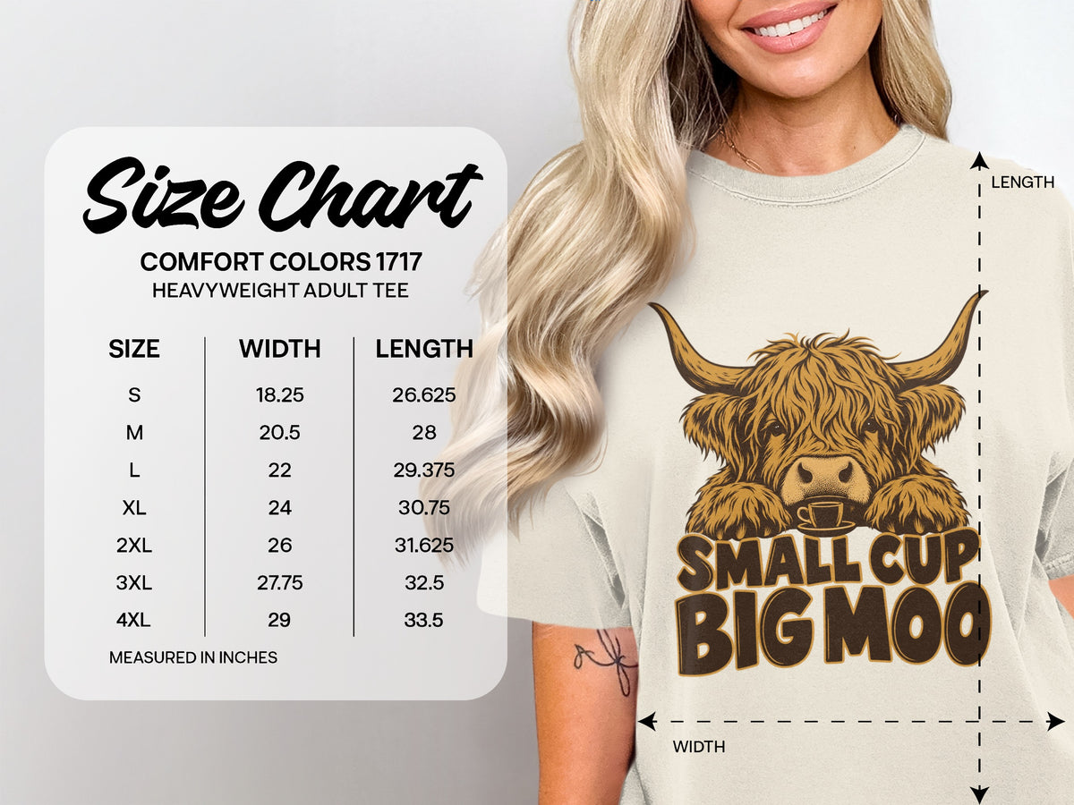 Comfort Colors 1717 size chart, S–4XL, for the Small Cup, Big Moo Highland cow T-shirt