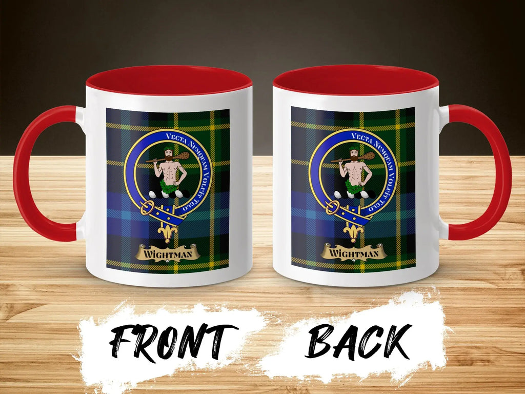 Wightman tartan-background crest mug shown as a Scottish heritage gift