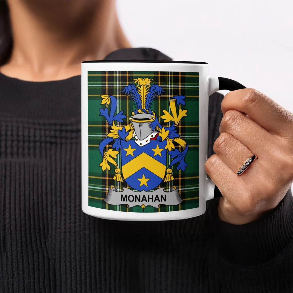 Monahan Irish heritage mug with black handle and interior