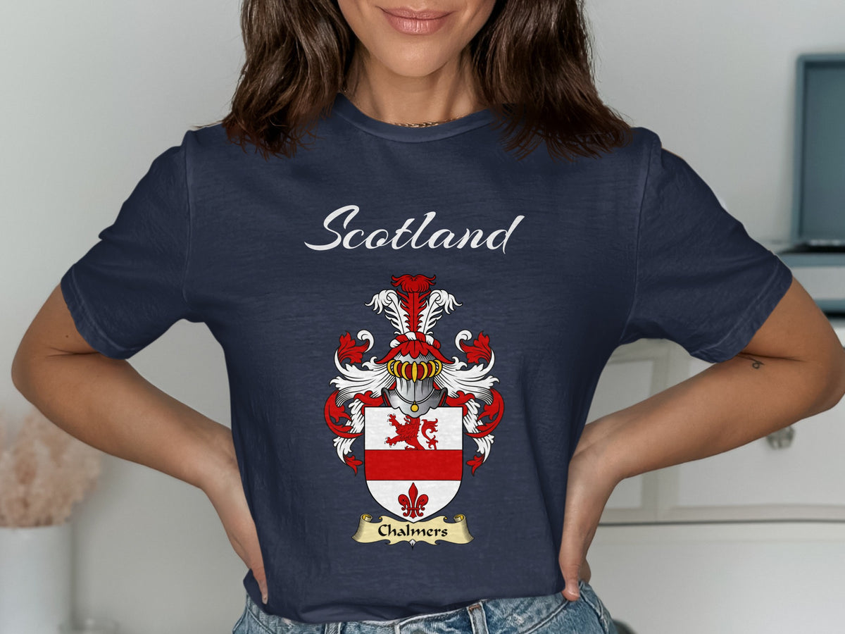 Chalmers Scottish family shield design on Navy T-shirt
