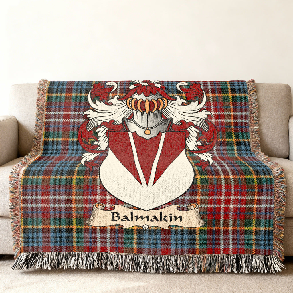 Balmakin Scottish family shield woven blanket on a Caledonia tartan background