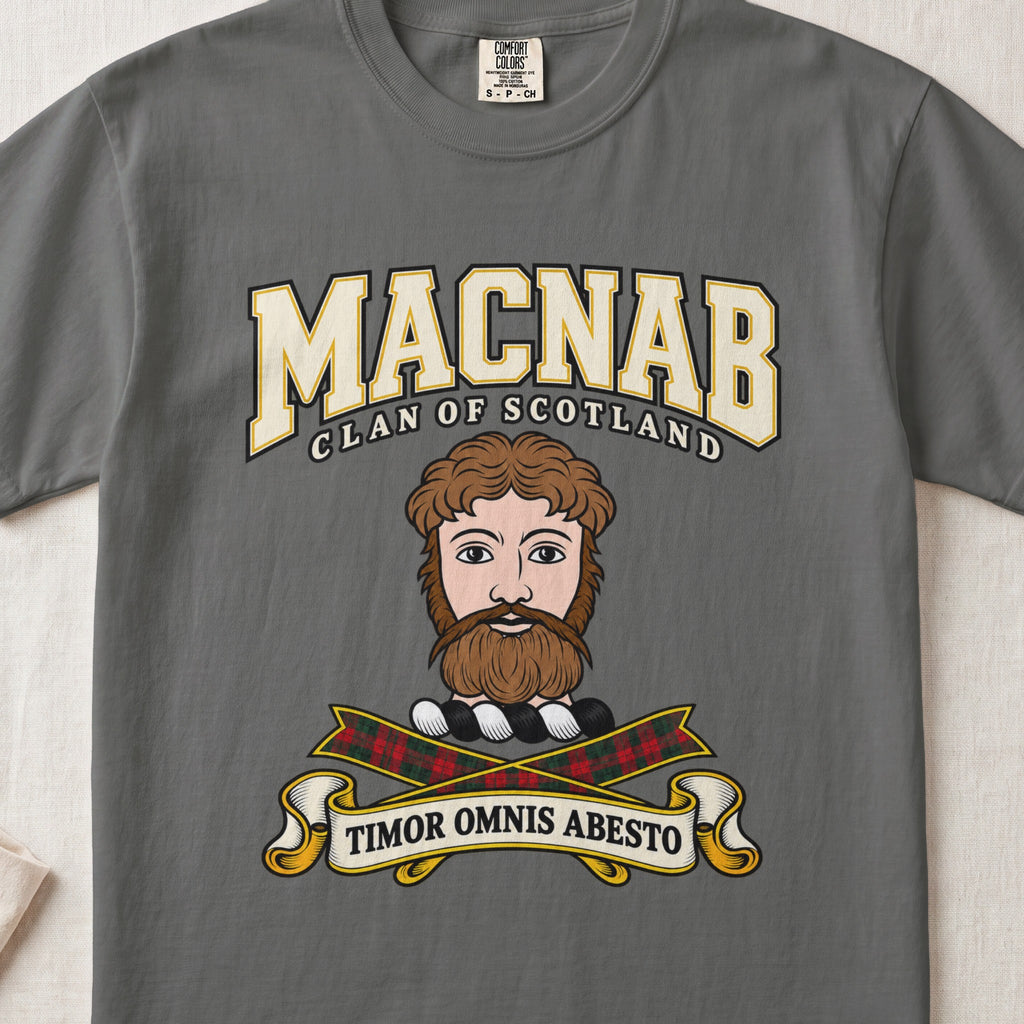 MacNab Scottish clan graphic T-shirt in Pepper, front view