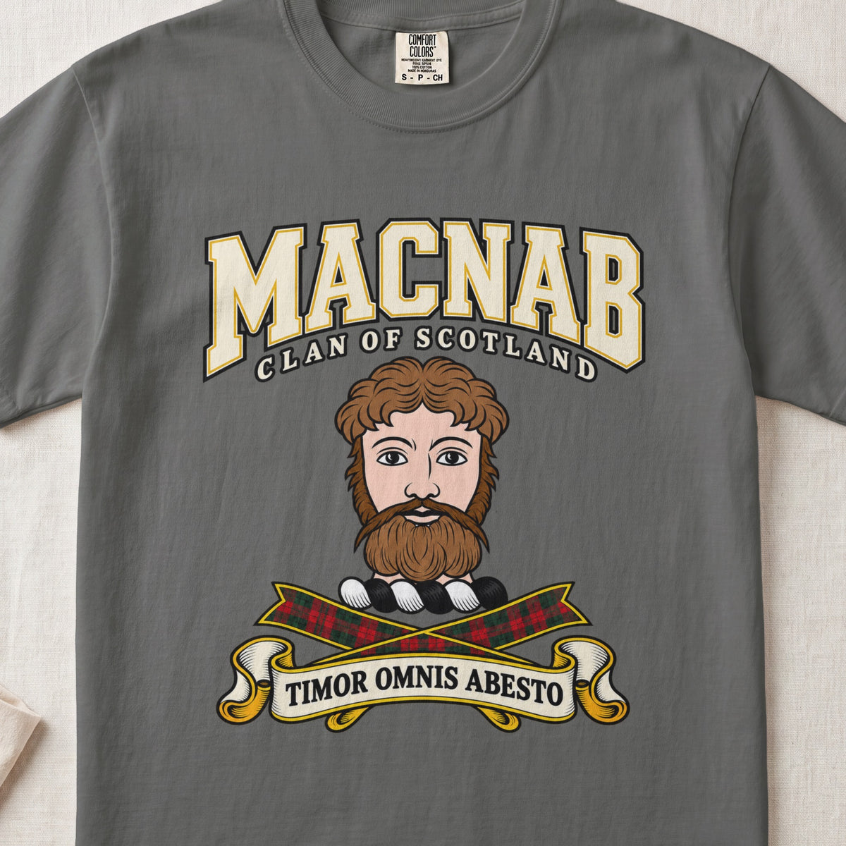 MacNab Scottish clan graphic T-shirt in Pepper, front view